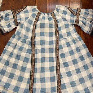 VIERRA ROSE DRESS BLUE/CREAM CHECKED DRESS W/ GOLD & BURGANDY TRIM - GIRLS 8
